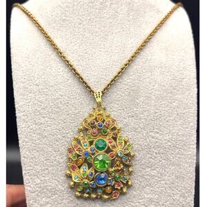 Vintage art deco style fruit salad glass rhinestones pot metal pendant necklace